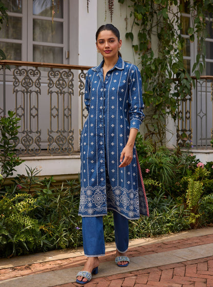 Veena Denim Long Shirt Co-ord Set