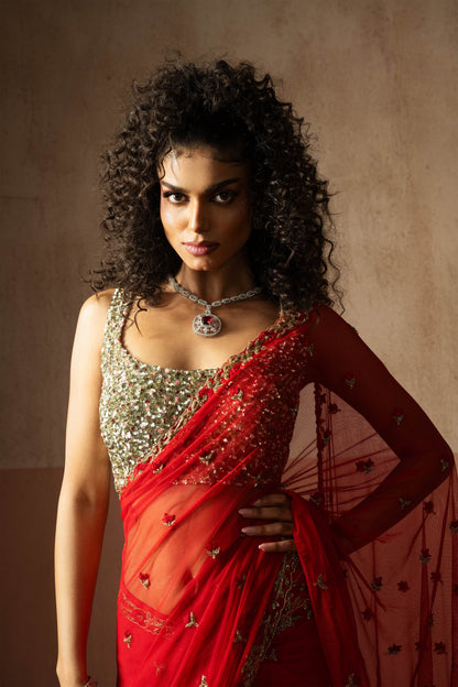 Predraped, Red, Hand Embroidered Net & Georgette Saree With Golden Blouse