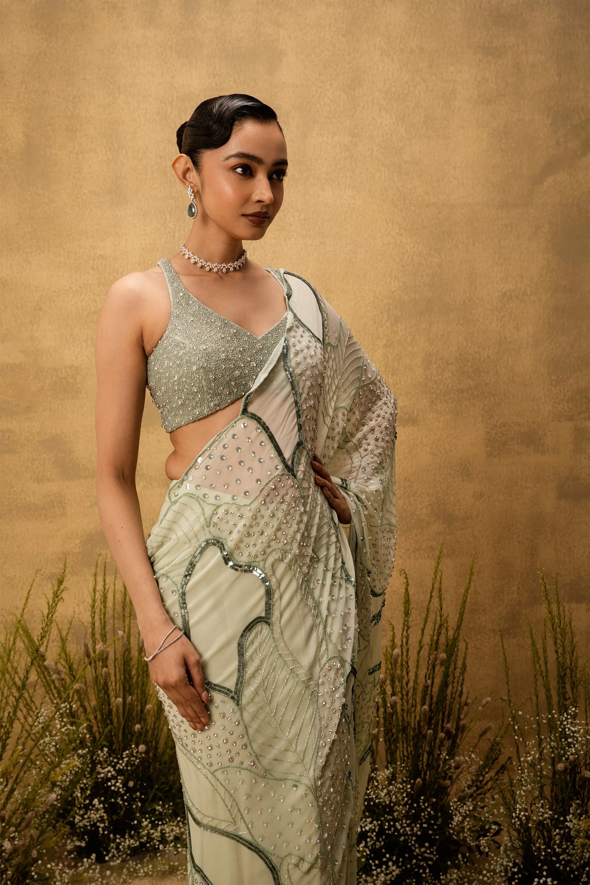Mint green Pre-stitched hand embroidered georgette saree set