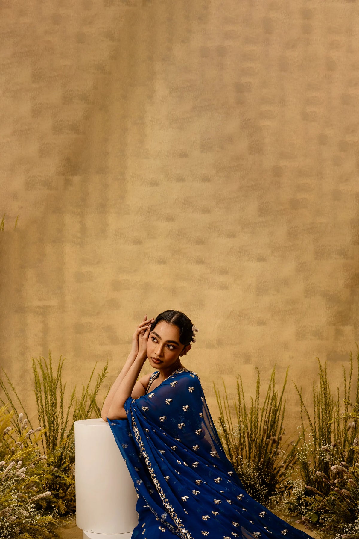 Sapphire blue Pre-stitched hand embroidered georgette saree set