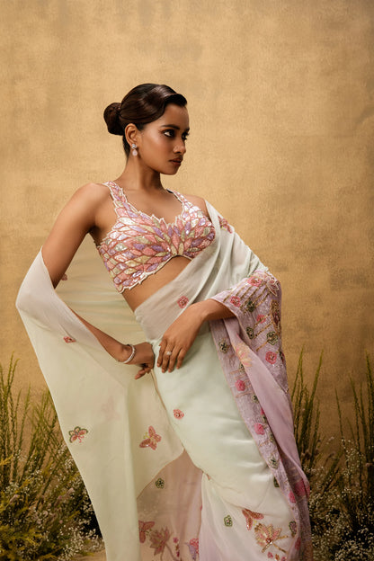 Pastel mint green lilac ombré Pre-stitched hand embroidered organza saree set