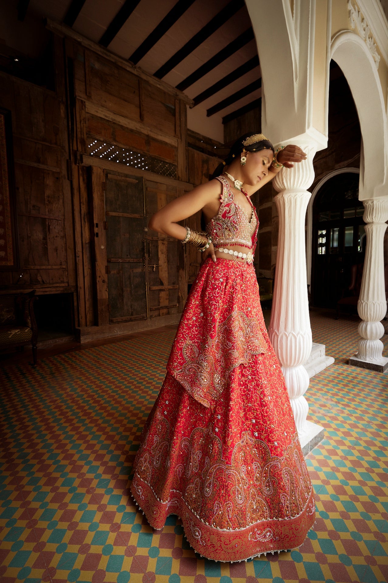  Women's Red Silk Embroidered Lehenga Set