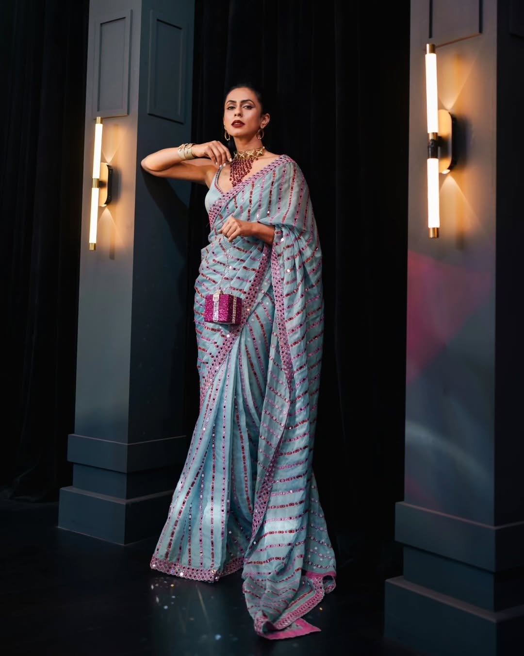 PAVITRA SAGAR In Chahak Ice Blue Mirror Work Saree Set