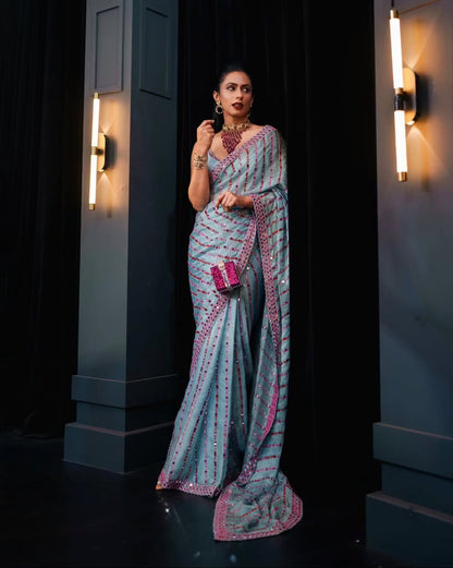 PAVITRA SAGAR In Chahak Ice Blue Mirror Work Saree Set