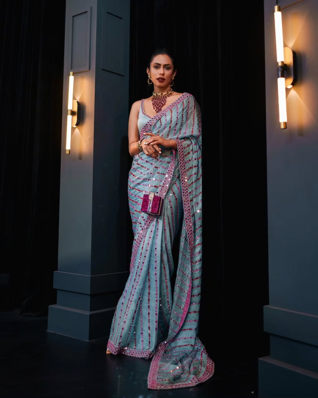 PAVITRA SAGAR In Chahak Ice Blue Mirror Work Saree Set