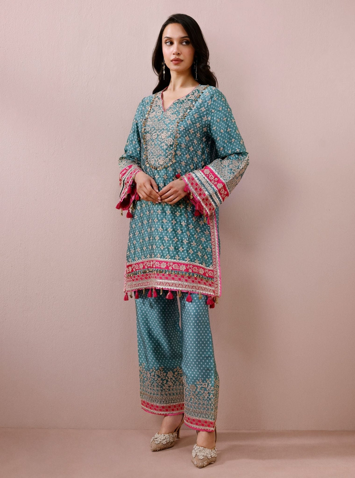 Savi Cupro Satin Green Short Kurta Set