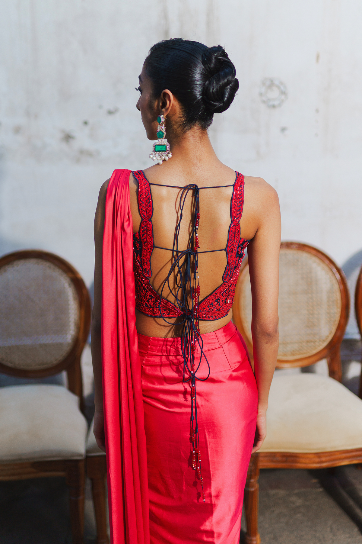 Red short corset with saree set