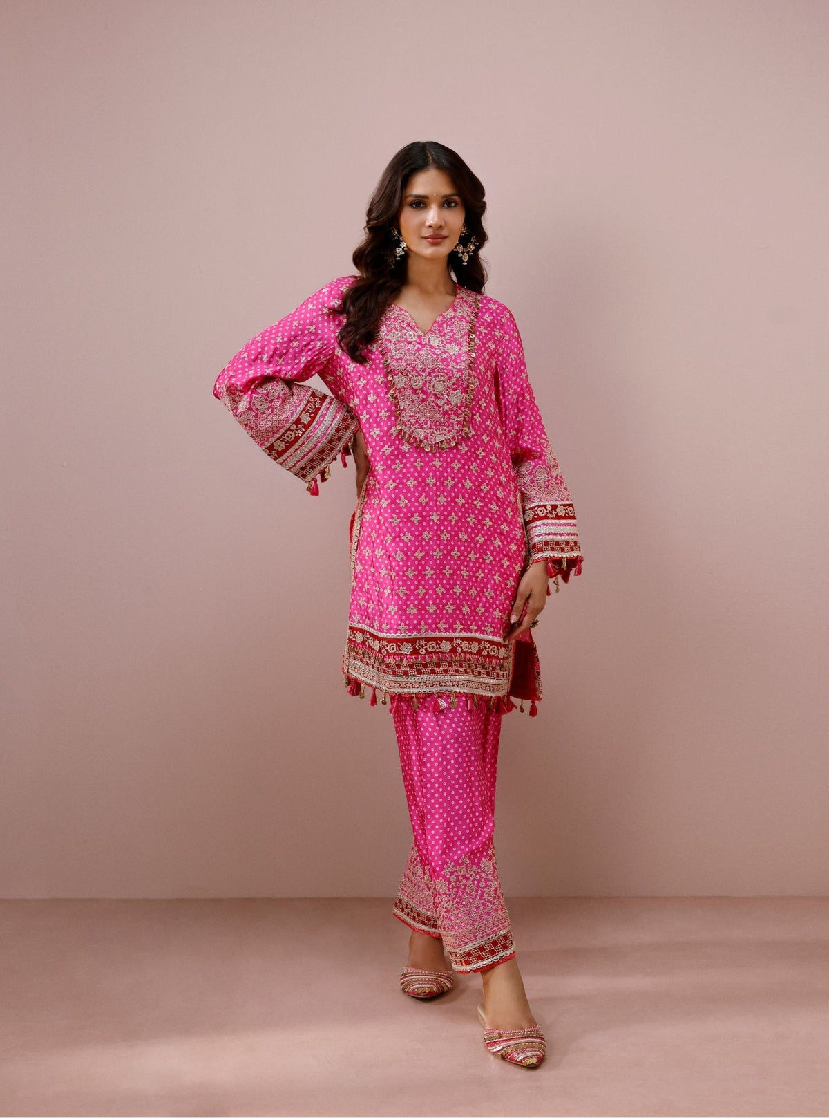 Savi Cupro Satin Fuchsia Short Kurta Set