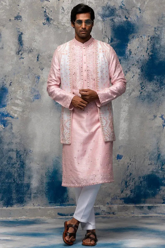 Blush Pink Resham Mirror Work kantha Embroidery Bundi Set - Asuka Couture