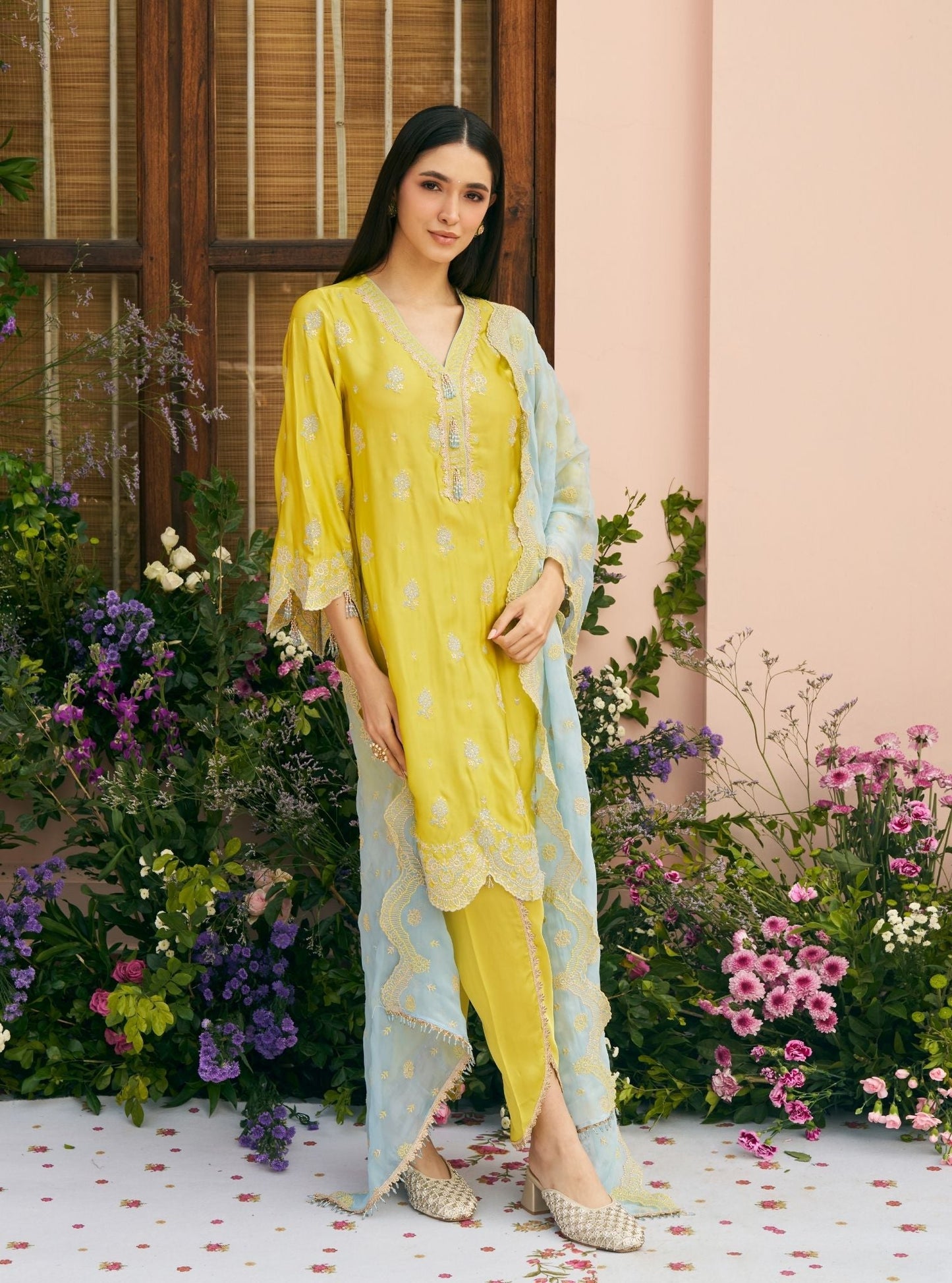 Phulkari Cupro Satin Lime Green Kurta Set