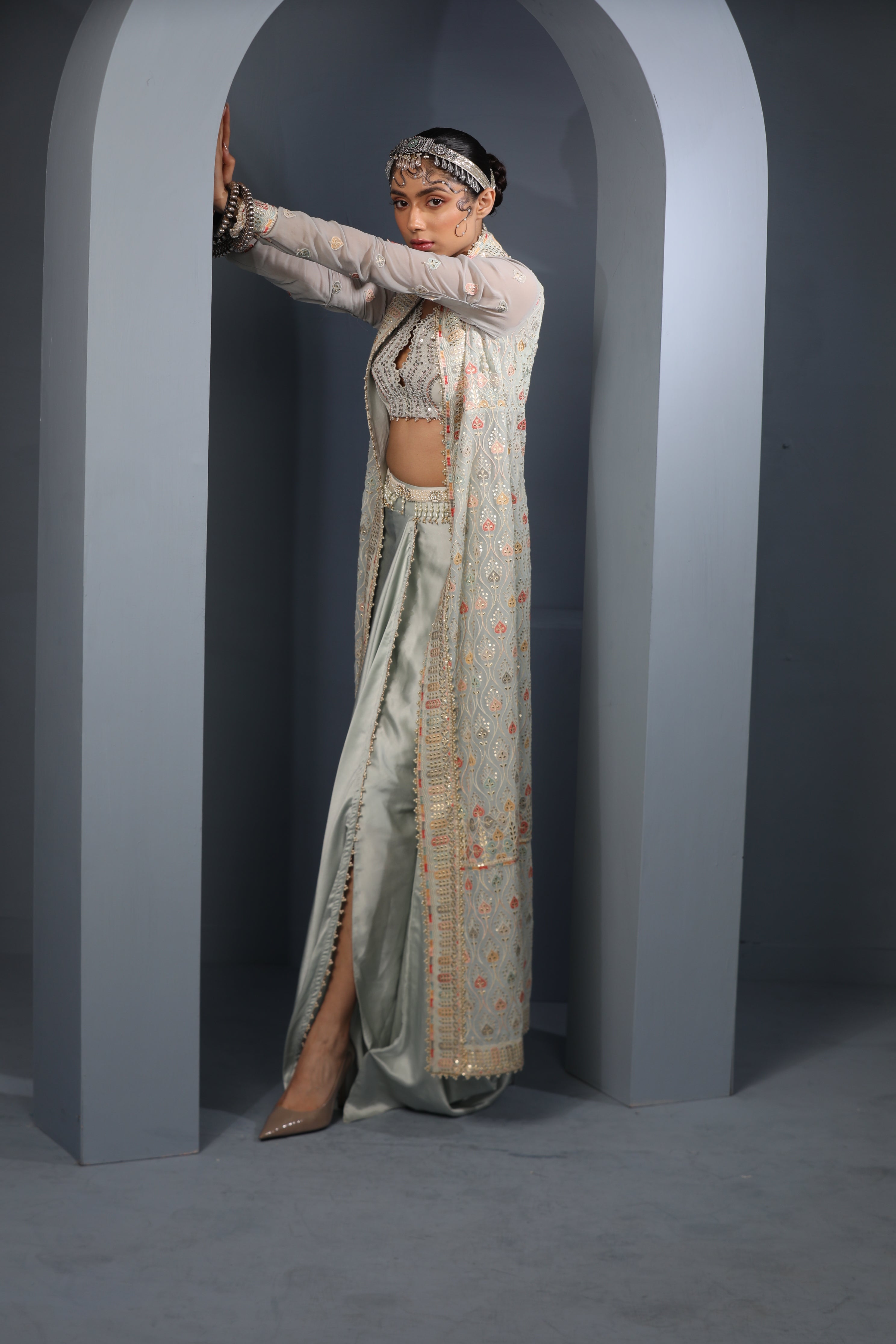 Powder Blue Embroidered Draped Cape-Skirt