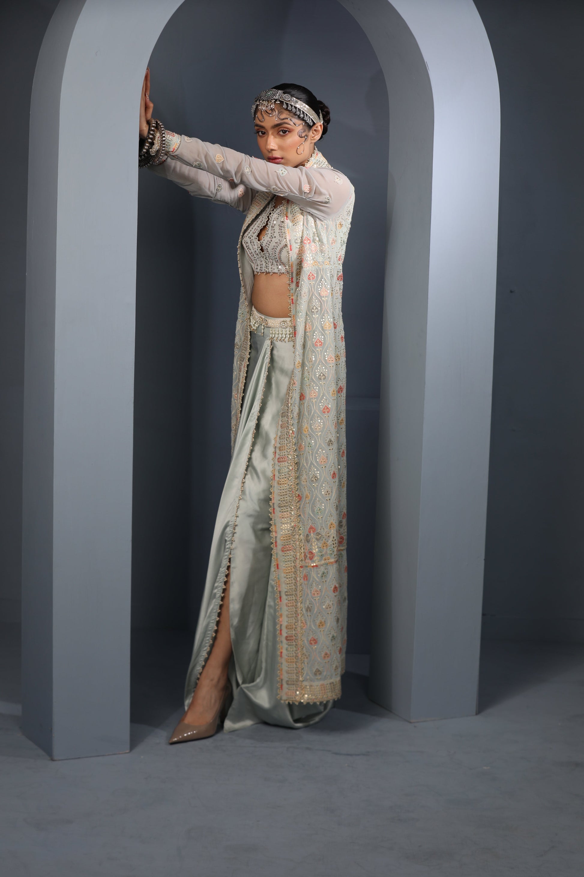 Powder Blue Embroidered Draped Cape-Skirt