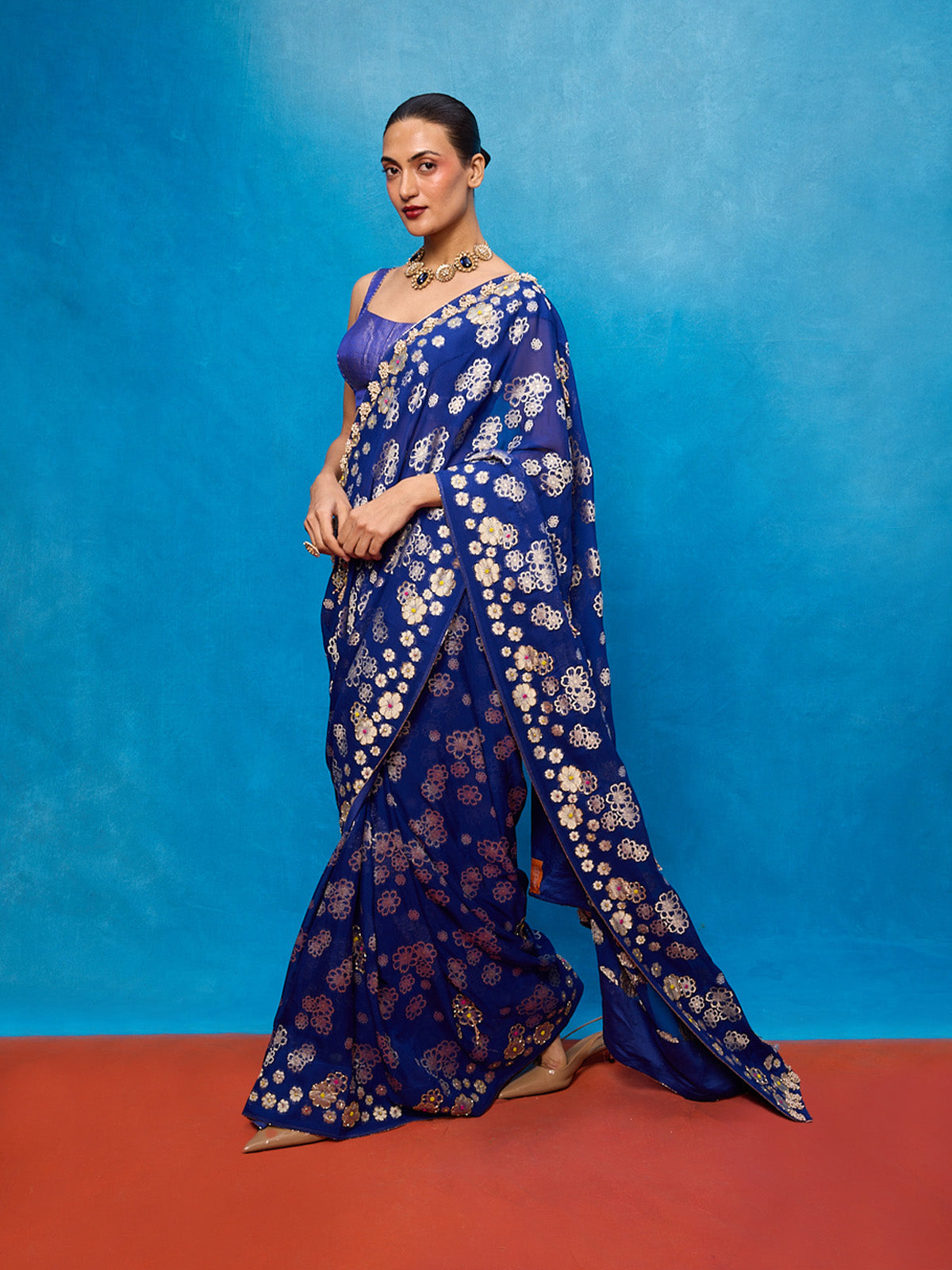 Handwoven Royal Blue Chiffon Banarasi Saree
