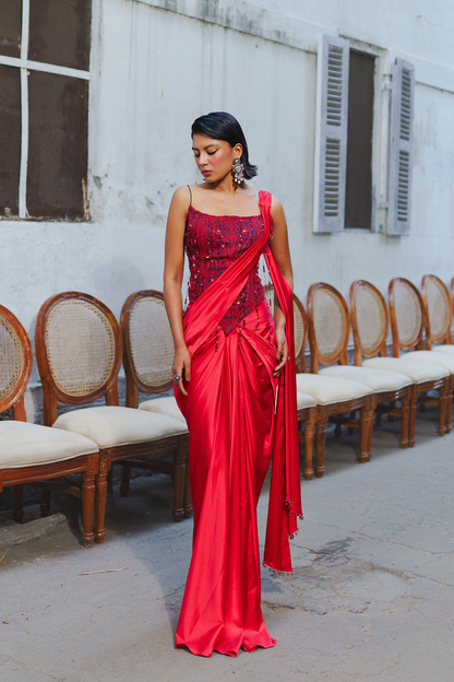 Red long corset with saree set