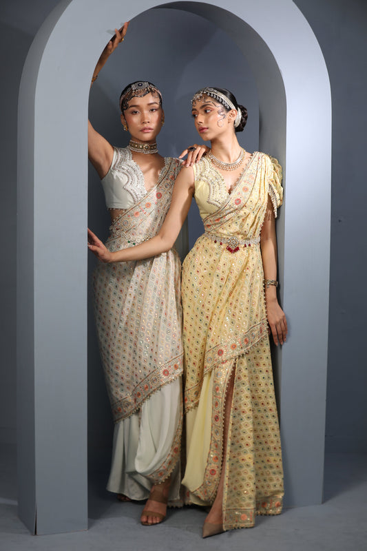  Women's White Floral Draped Saree Set