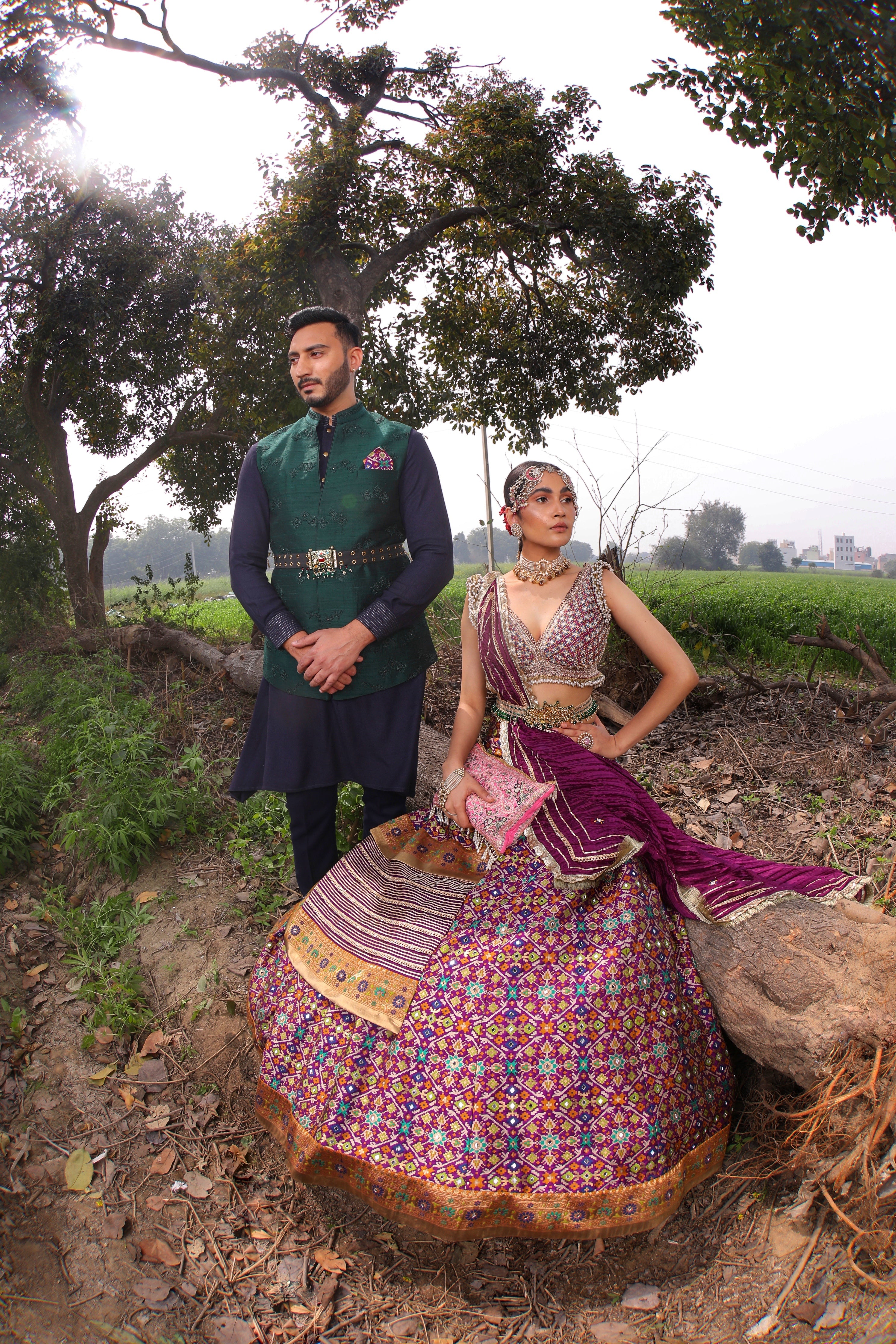 Women's Mulberry Purple Ikat Lehenga Set