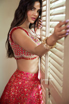 Women's Coral Jamawar Embroidered Lehenga Set