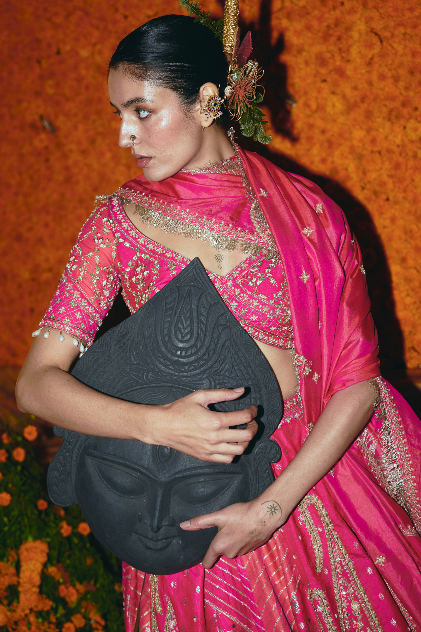Abstract Pink and Peach Silk Banarsi Lehenga Set