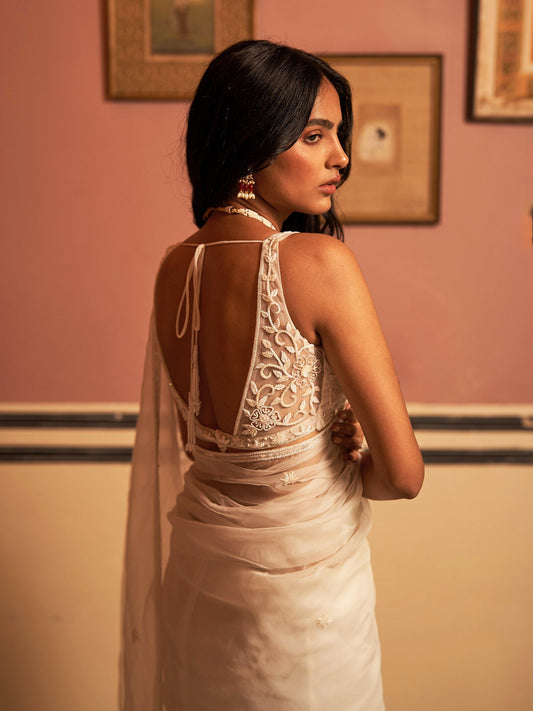 Crystal Off-White Silk Organza Saree Set