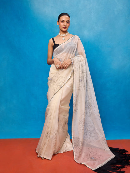 Handwoven Off-white Kora Banarasi Saree