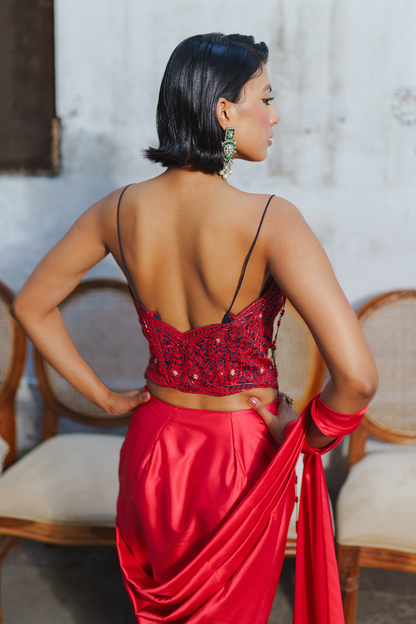 Red long corset with saree set