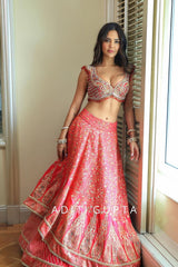 Women's Coral Jamawar Embroidered Lehenga Set