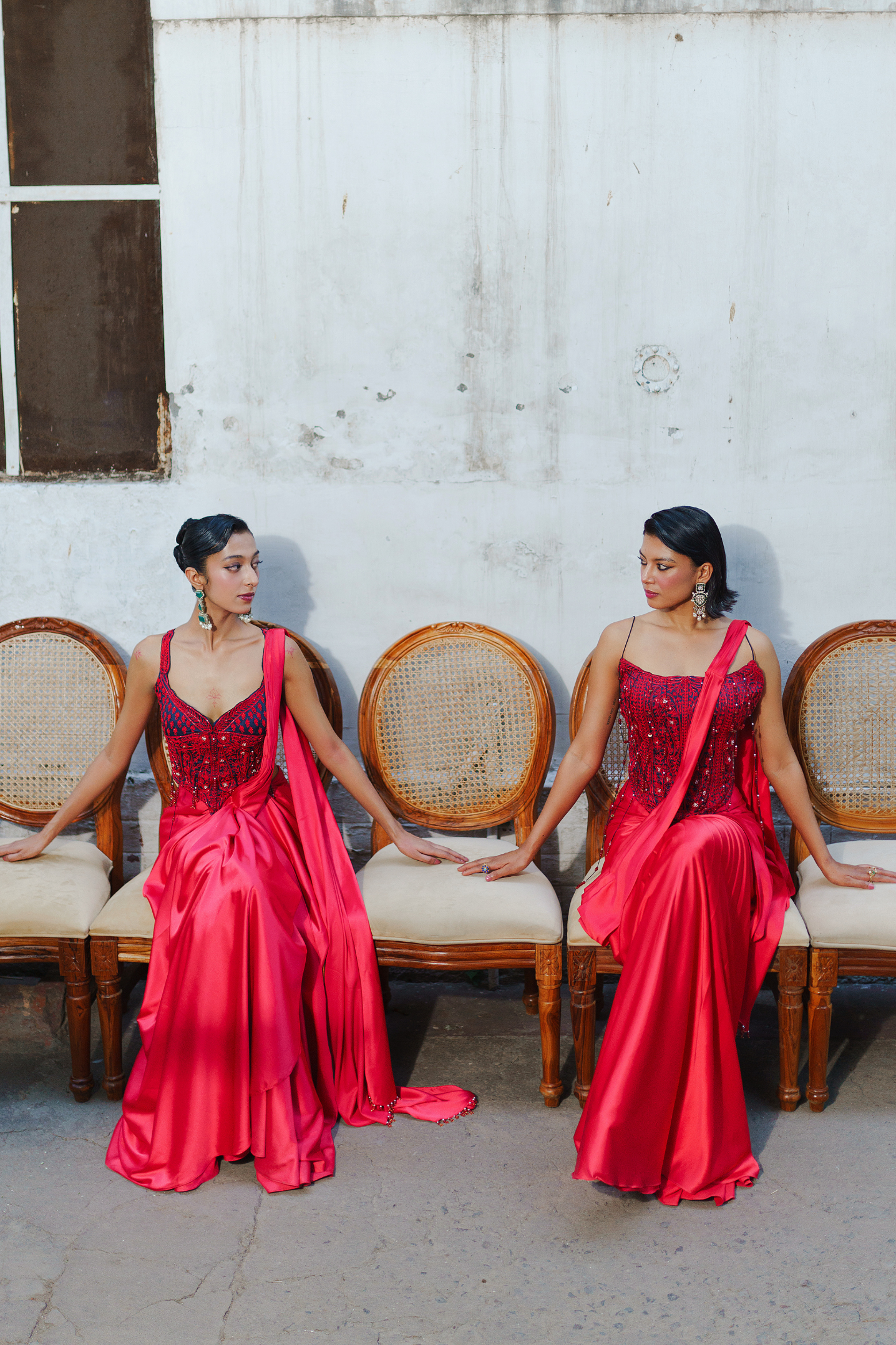 Red long corset with saree set