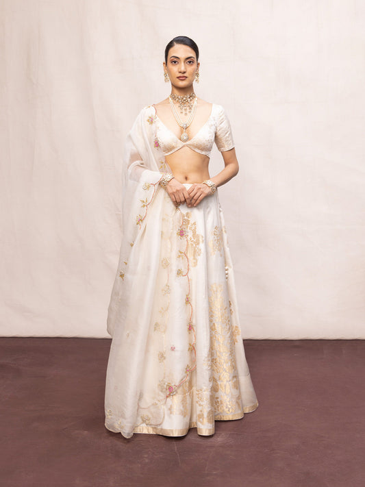 Handwoven Off-White Satin Lehenga Set