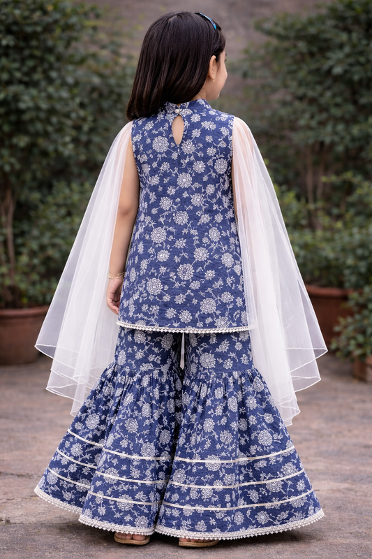 Navy Blue Hand Block Printed Cotton Sharara Suit