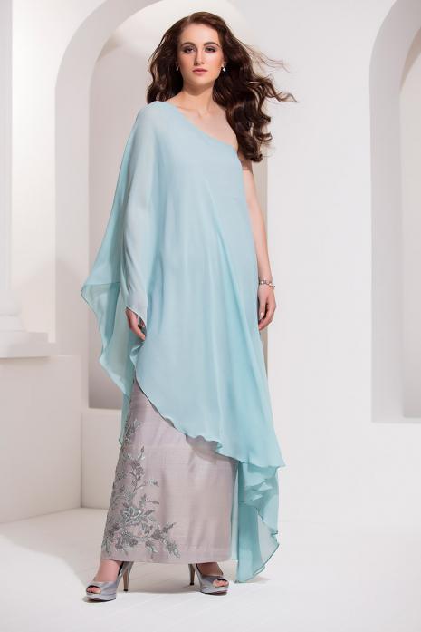 One Shoulder Layered Gown Ice Blue Grey