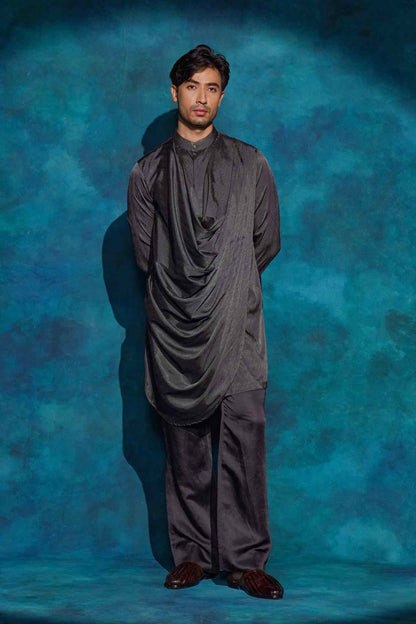 CHARCOAL GRAY LONG  DRAPE KURTA SET