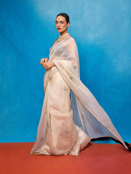 Handwoven Off-white Kora Banarasi Saree