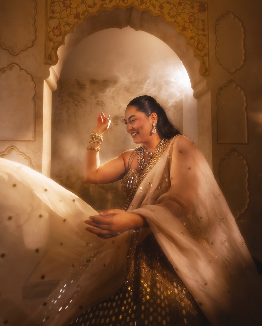 SAKSHI SINDWANI In Light Beige Mirror Lehenga Set
