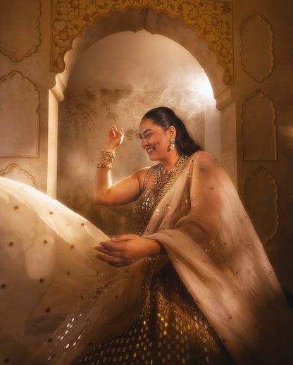 SAKSHI SINDWANI In Light Beige Mirror Lehenga Set