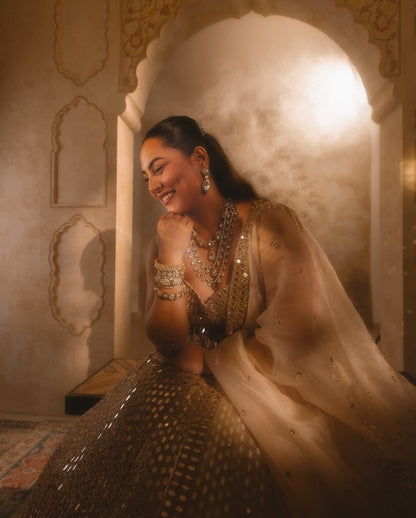 SAKSHI SINDWANI In Light Beige Mirror Lehenga Set