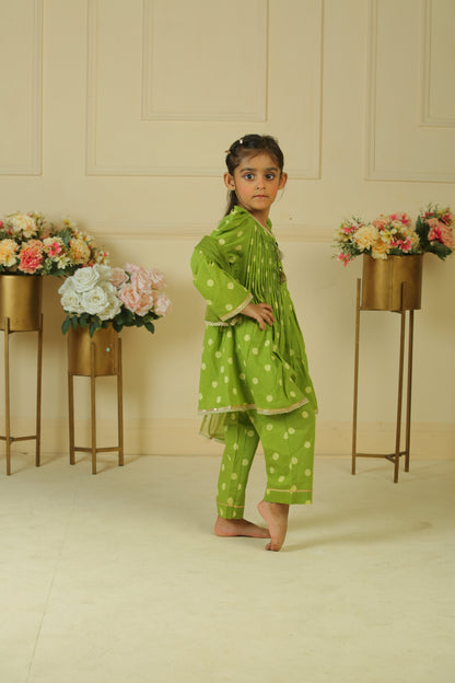 Green Lace Polka Dot Handblock Print Pleated Kurta Set