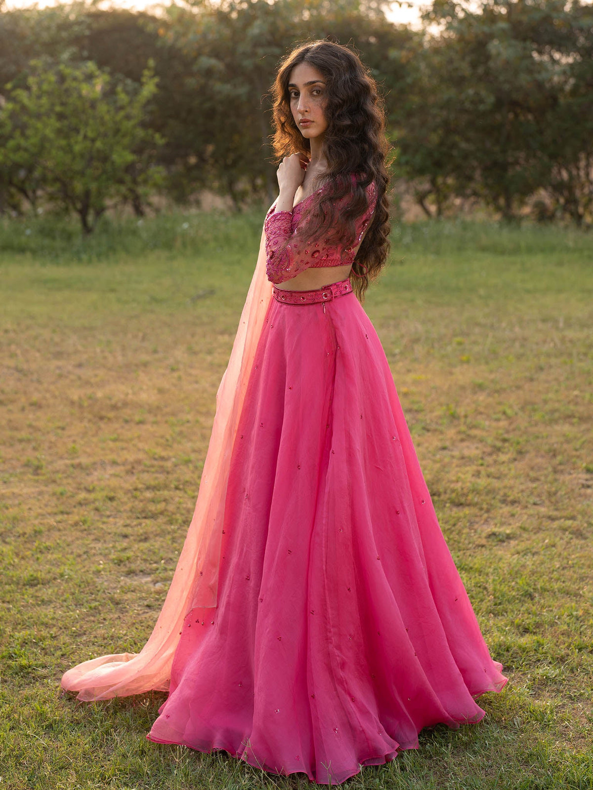 Azalea Pink Silk Organza Lehenga Set