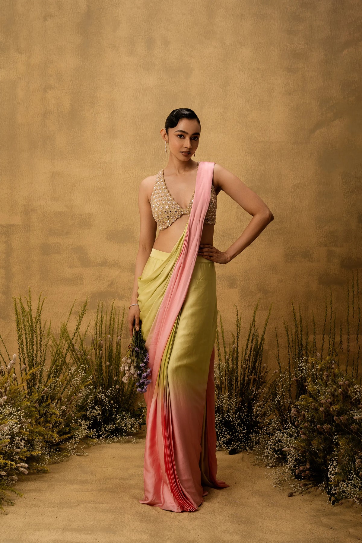 Pastel green & pink ombre pre-draped modal satin saree with embroidered blouse