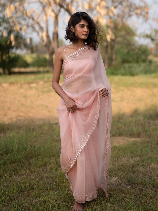 Euphoria Peach Silk Organza Saree Set