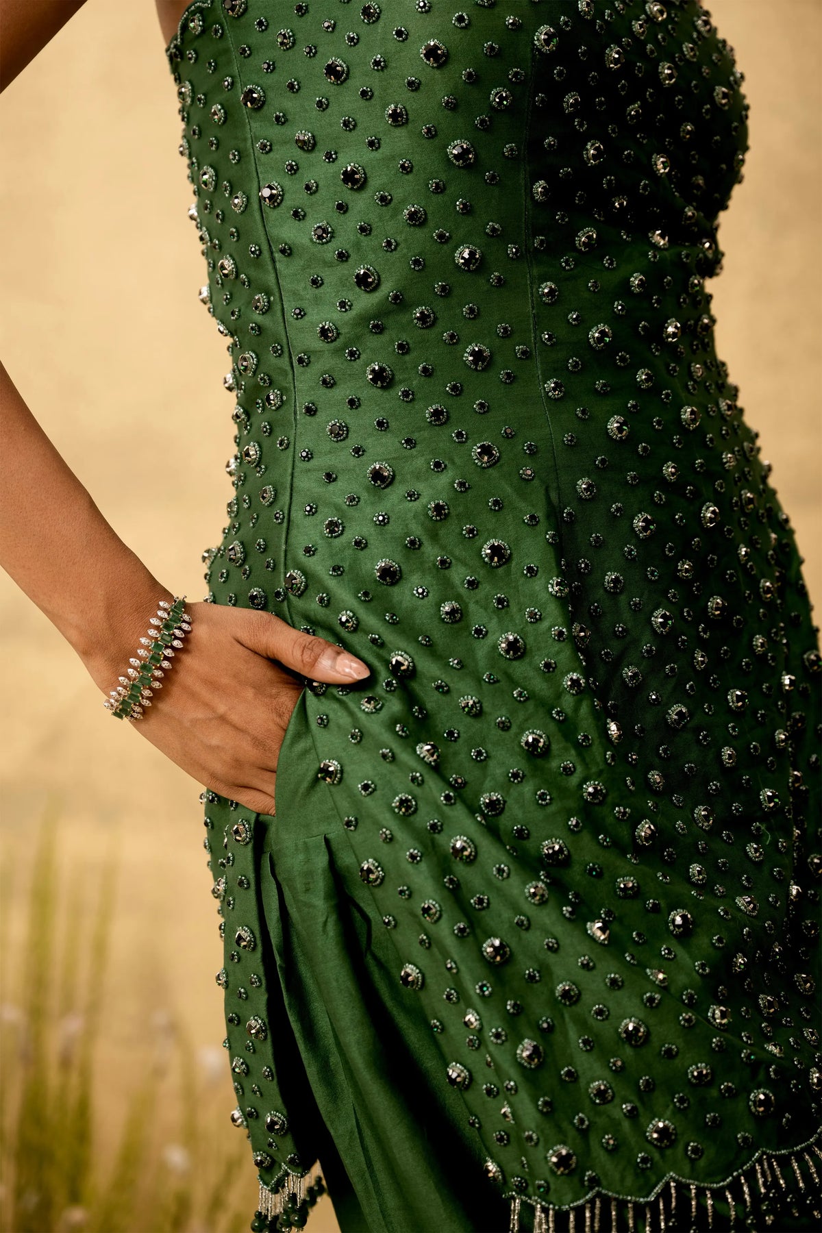 Emerald green hand embroidered chanderi silk suit set with organza dupatta
