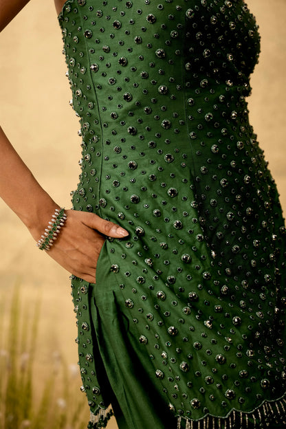Emerald green hand embroidered chanderi silk suit set with organza dupatta