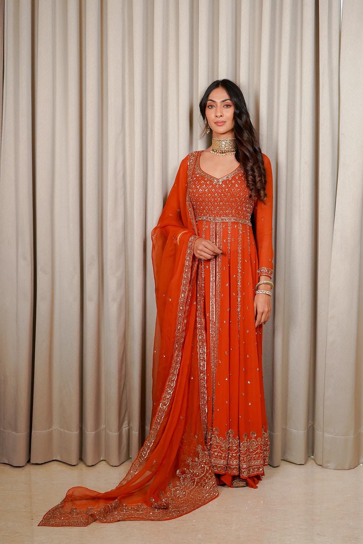 Rust Anarkali Set