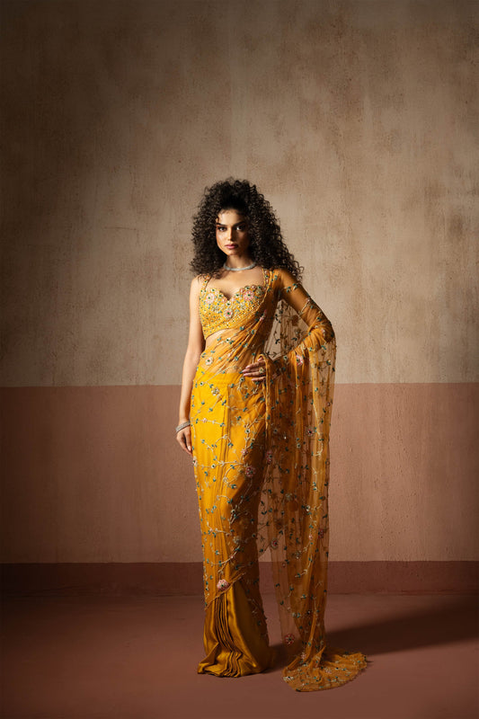 Predraped, Mustard Yellow, Hand Embroidered Net & Georgette Saree