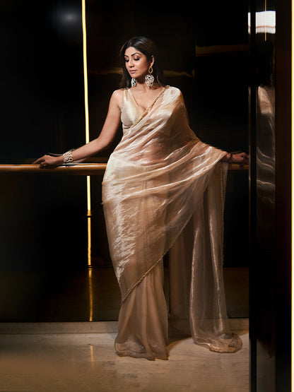 Handwoven Beige Tissue Saree