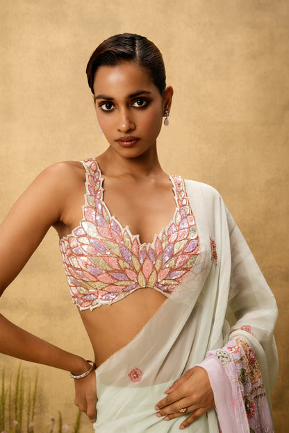 Pastel mint green lilac ombré Pre-stitched hand embroidered organza saree set