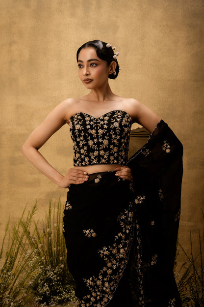 Black Pre-stitched hand embroidered organza saree set