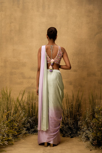 Mint green & lilac ombre pre-draped modal satin saree with embroidered blouse