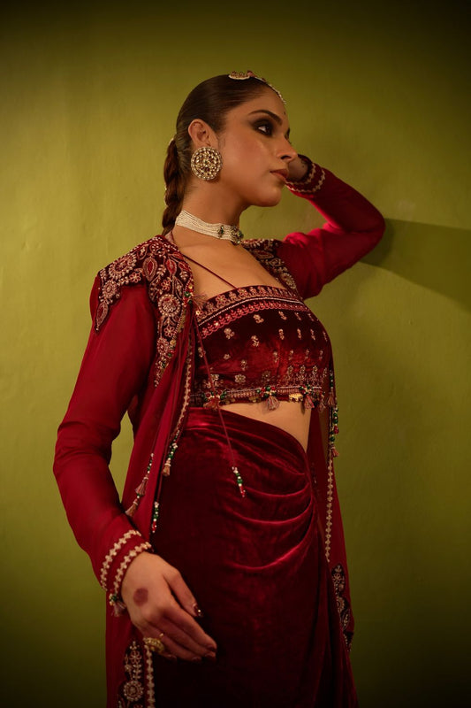 Long Wine Velvet Drape Skirt, Top And Jacket Set