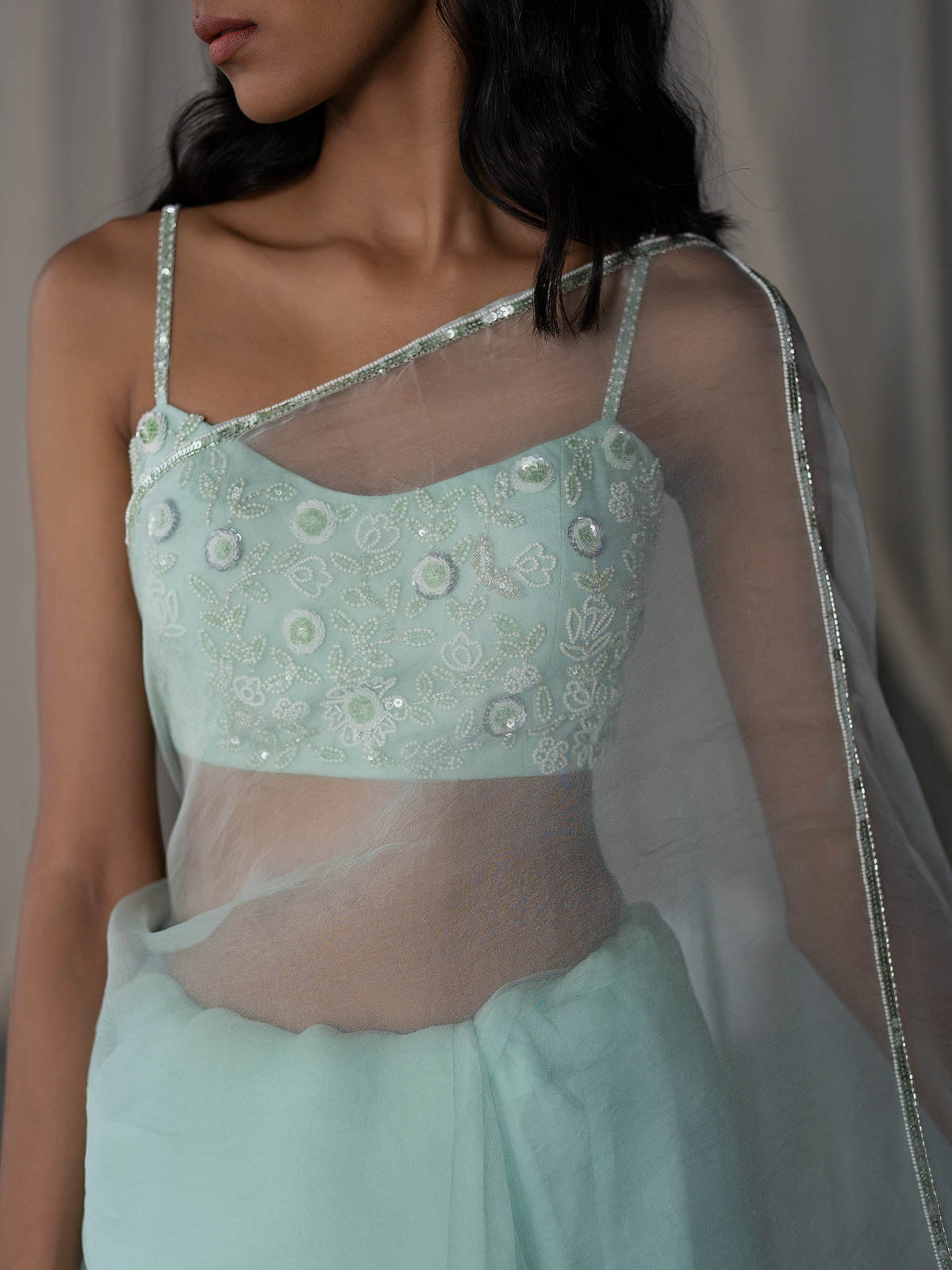 Noor Mint Green Organza Saree Set