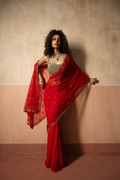 Predraped, Red, Hand Embroidered Net & Georgette Saree With Golden Blouse